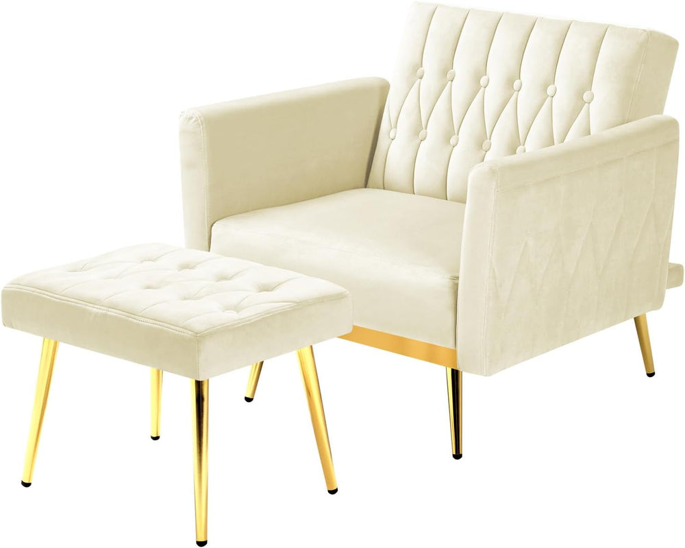 Velvet Accent Chair w/Ottoman & Adjustable Backrest, Beige