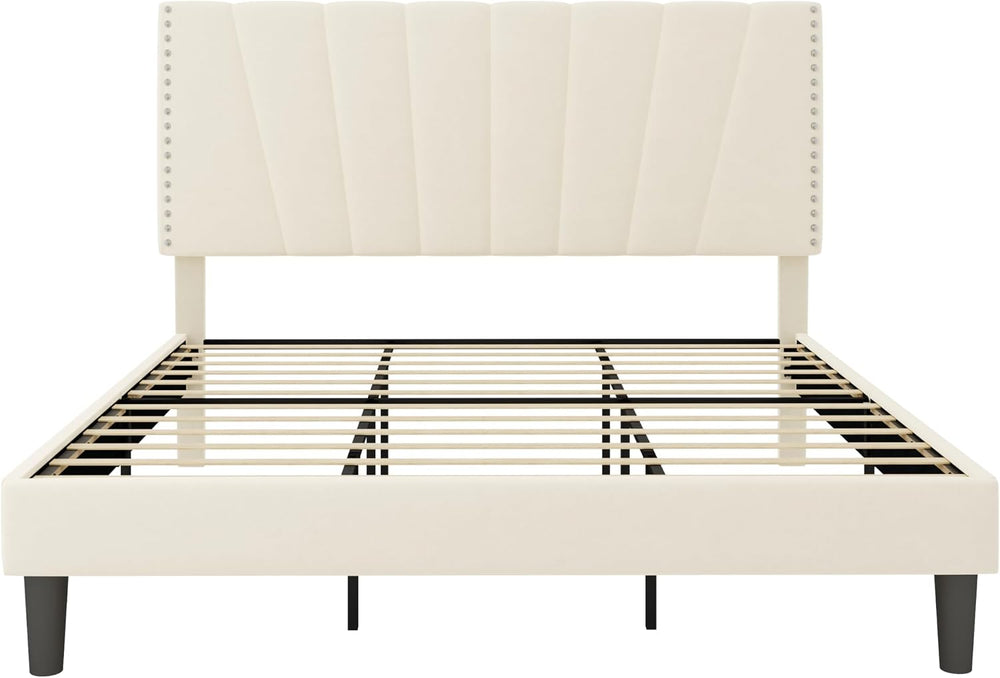 Allewie King Size Velvet Platform Bed Frame with Adjustable Headboard Cream