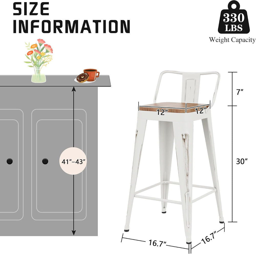 30" Barstools Set of 4 Counter Height Bar Stools Chair-Distressed White