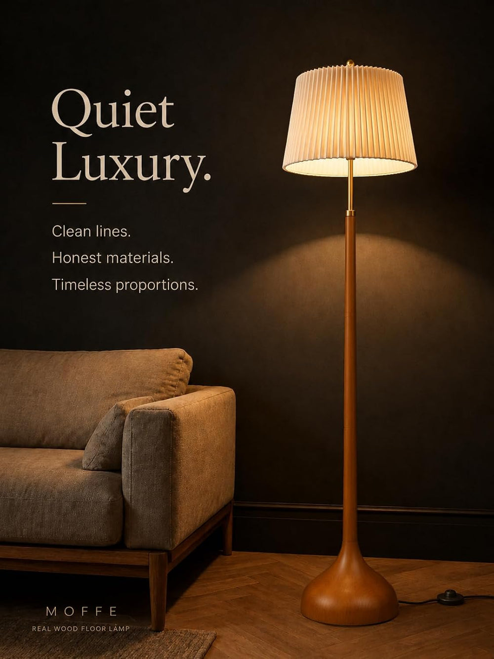 MOFFE Mid Century Modern Wood & Brushed Brass Floor Lamp with Remote