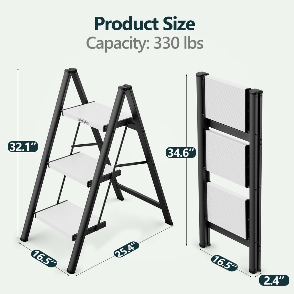 WOA WOA 3 Step Ladder, Foldable Step Stool, 300lbs Load, Black & White