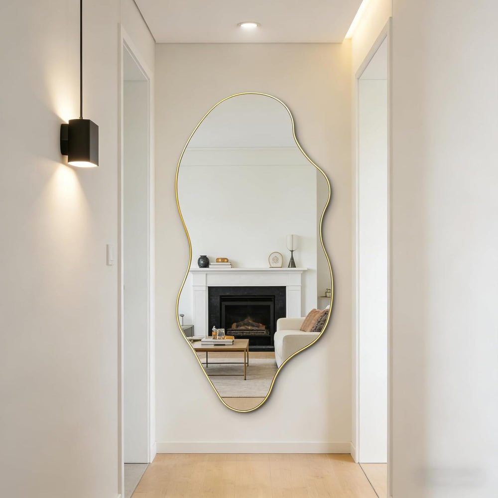 59"x30" Large Irregular Wall Mirror, Gold Frameless Mirror
