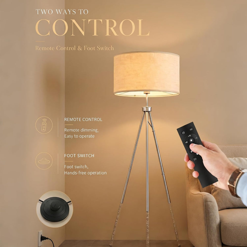 JOOFO Modern Metal Tripod Floor Lamp with Remote, 16.5" Linen Shade