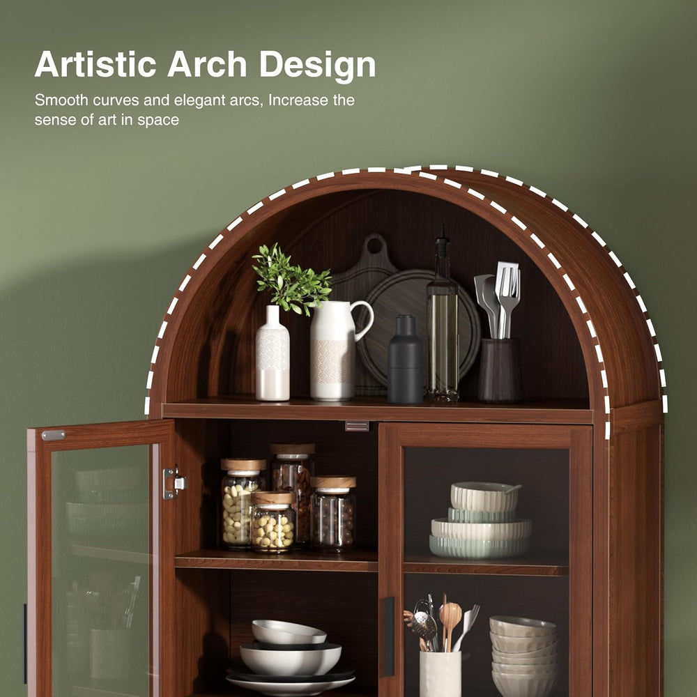 Arched Cabinet with Glass Doors, Fluted Pantry Cabinet with Solid Wood Legs