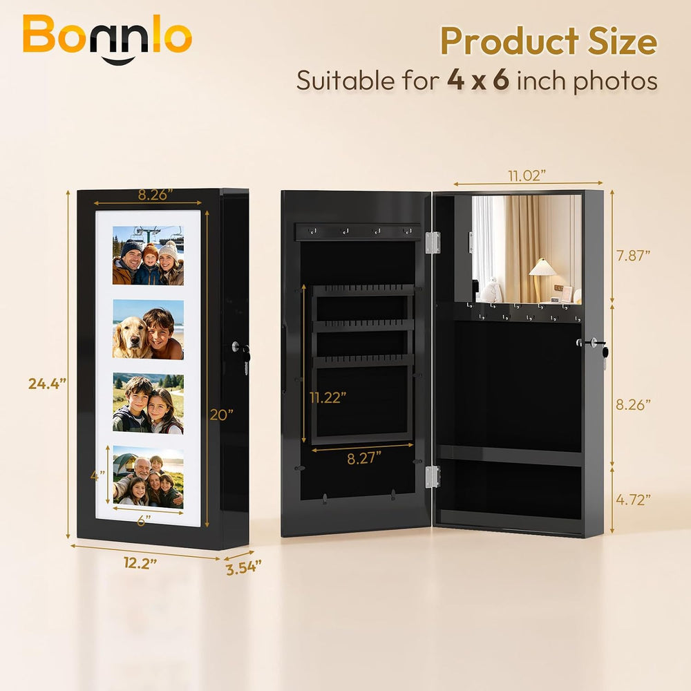 Bonnlo Wall-Mounted Jewelry Cabinet with Photo Frame, Inside Mirror, Black