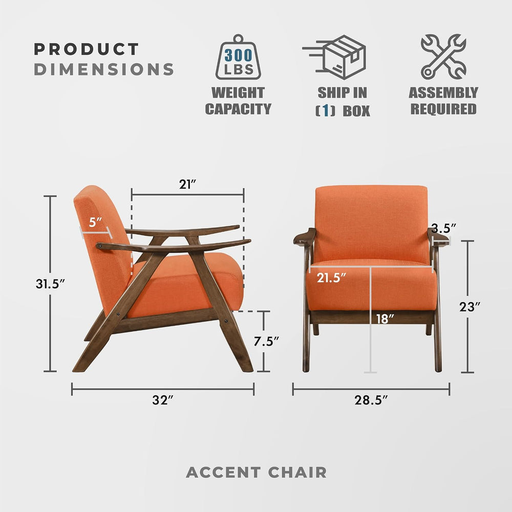 Lexicon Mid Century Modern Accent Chair with Walnut Wood Frame, Orange
