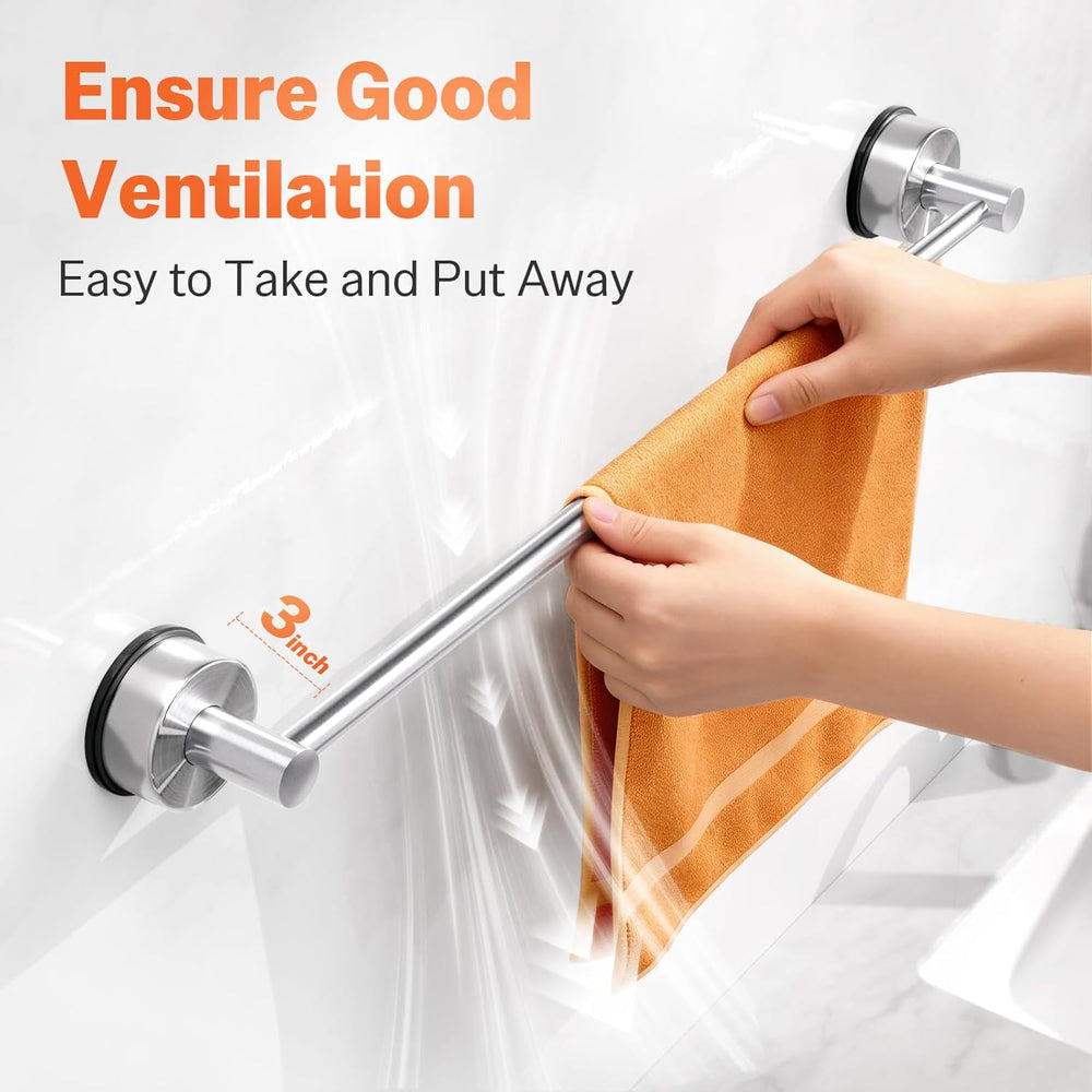 Suction Cup Towel Bar for Bathroom Wall, No-Drill Towel Rack Silver