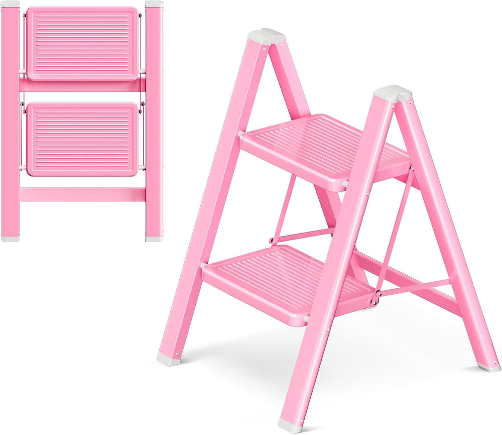 2 Step Ladder, Foldable Step Stool with Widened Pedal, Pink