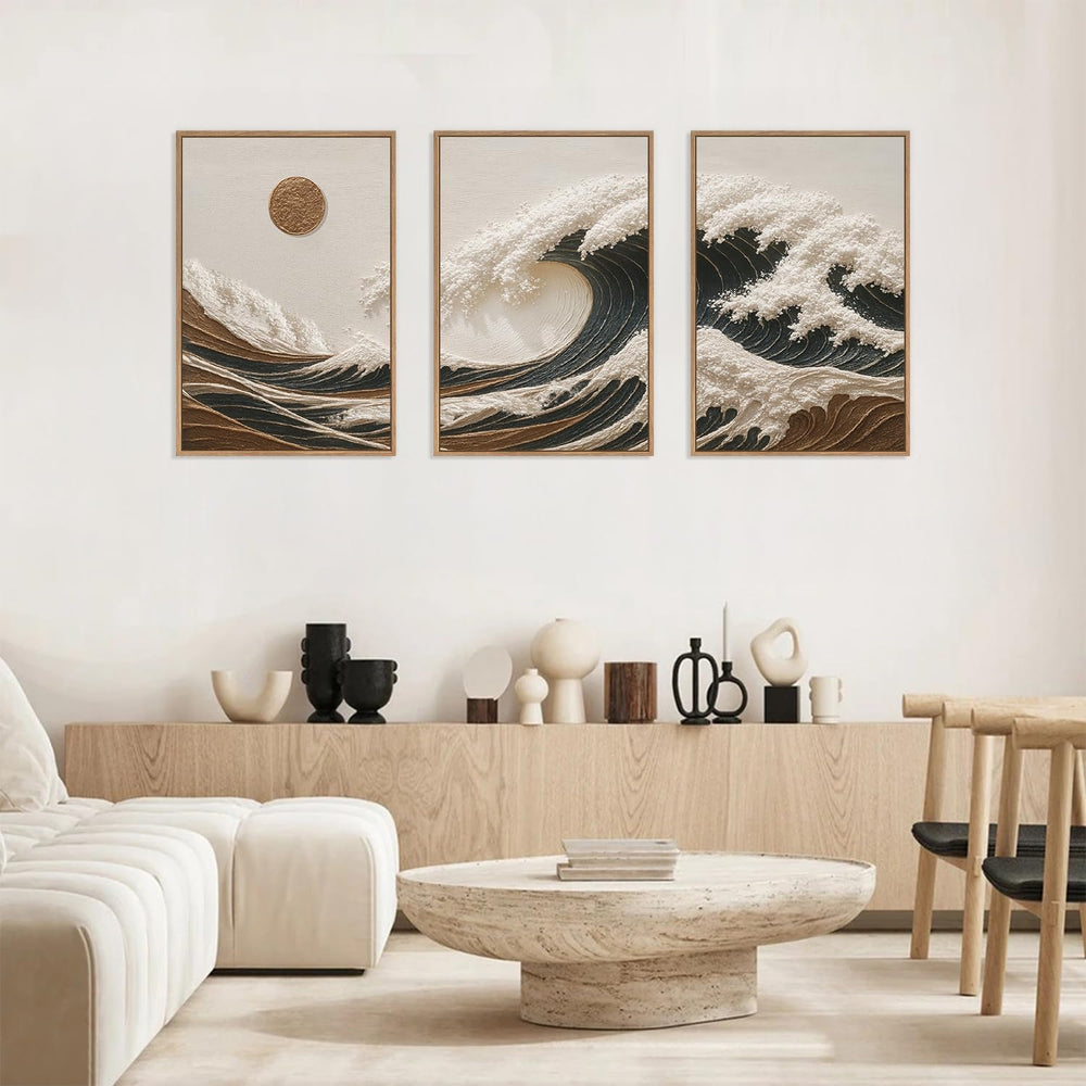 HLNIUC Sea Wave Framed Canvas Wall Art,Abstract Sun Seascape Wall Decor Set o...