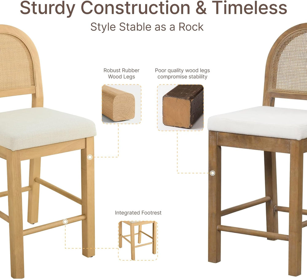 Upholstered Rattan Bar Stools, 26'' Counter Height, Set of 2, Natural