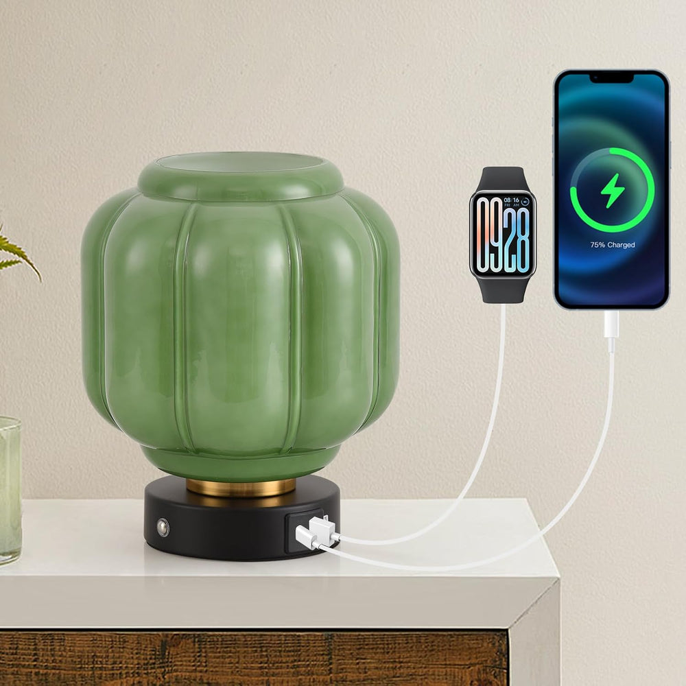 Rechargeable Table Lamp, Cordless Green Glass Bedside Lamp Small