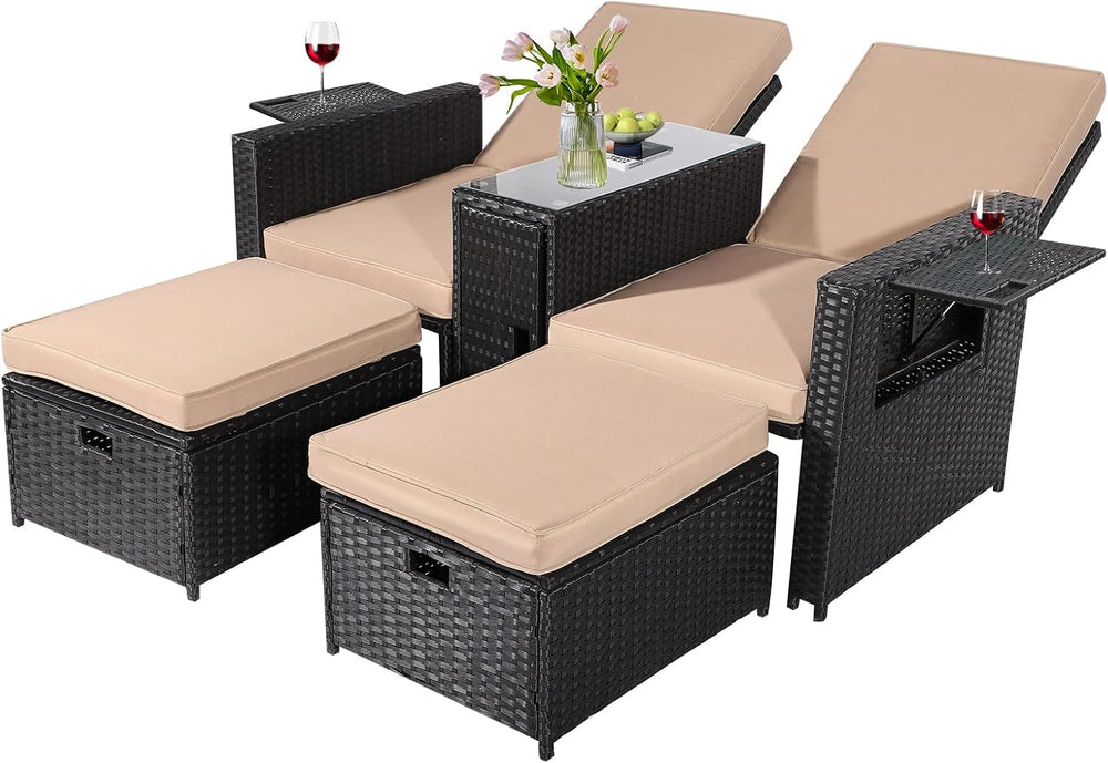 5PCS Outdoor Wicker Chaise Lounge Chair - Rattan Adjustable Reclining Patio L...