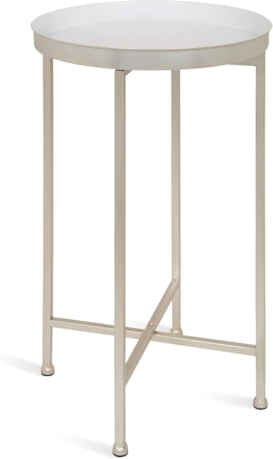 Kate and Laurel Celia Round Metal Foldable Tray Accent Table, White with Silv...