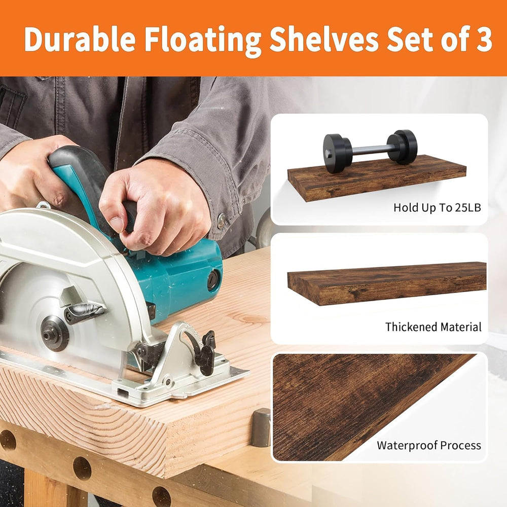 Floating Shelves for Wall Set of 3, 16" Rustic Brown Floating Shelves