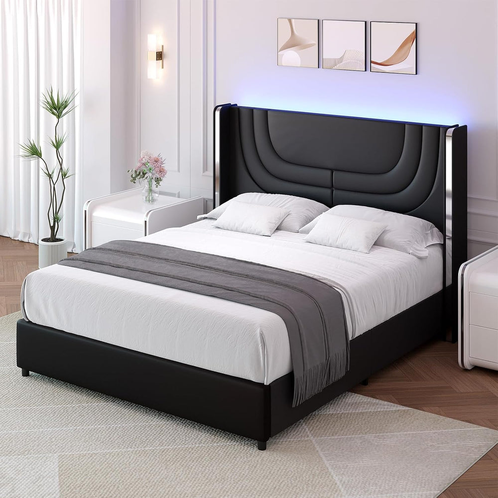 REVOMINCA Queen Size Bed Frame with LED Lights and Headboard,Black