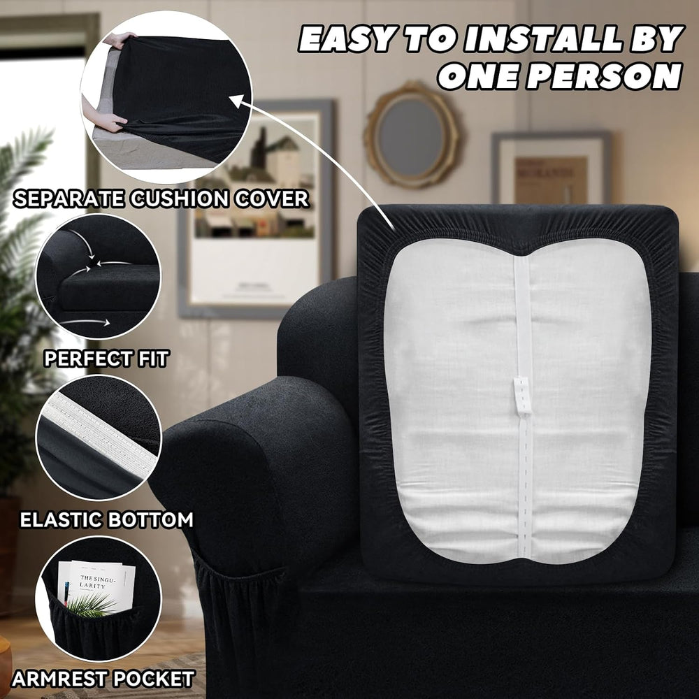 Chair Slipcover with Armrest Pockets 2-Piece Set, Stretch Faux Leather Chair ...
