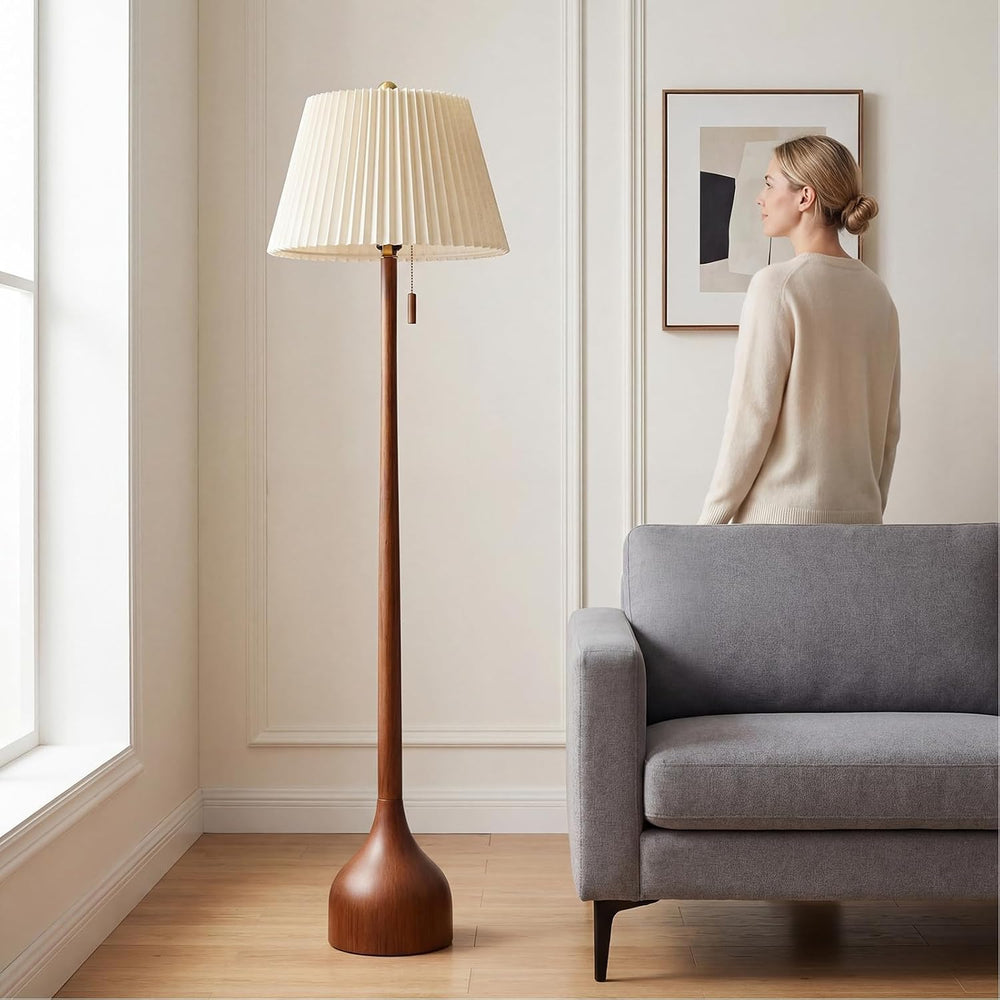 MOFFE Mid Century Modern Real Wood Floor Lamp with 2 Shades for Two Looks