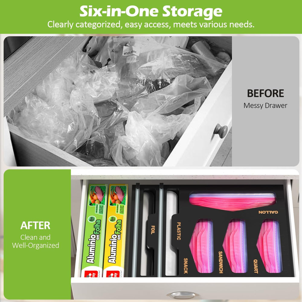 6 in 1 Bamboo Bag Organizer and Wrap Dispenser with Cutters, Black