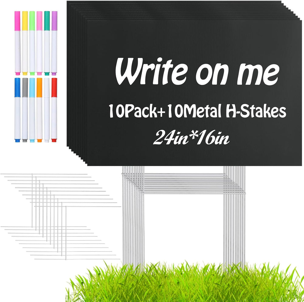 10 Pack 24x16 Inch Waterproof Corrugated Plastic Yard Signs with Stakes - Bla...