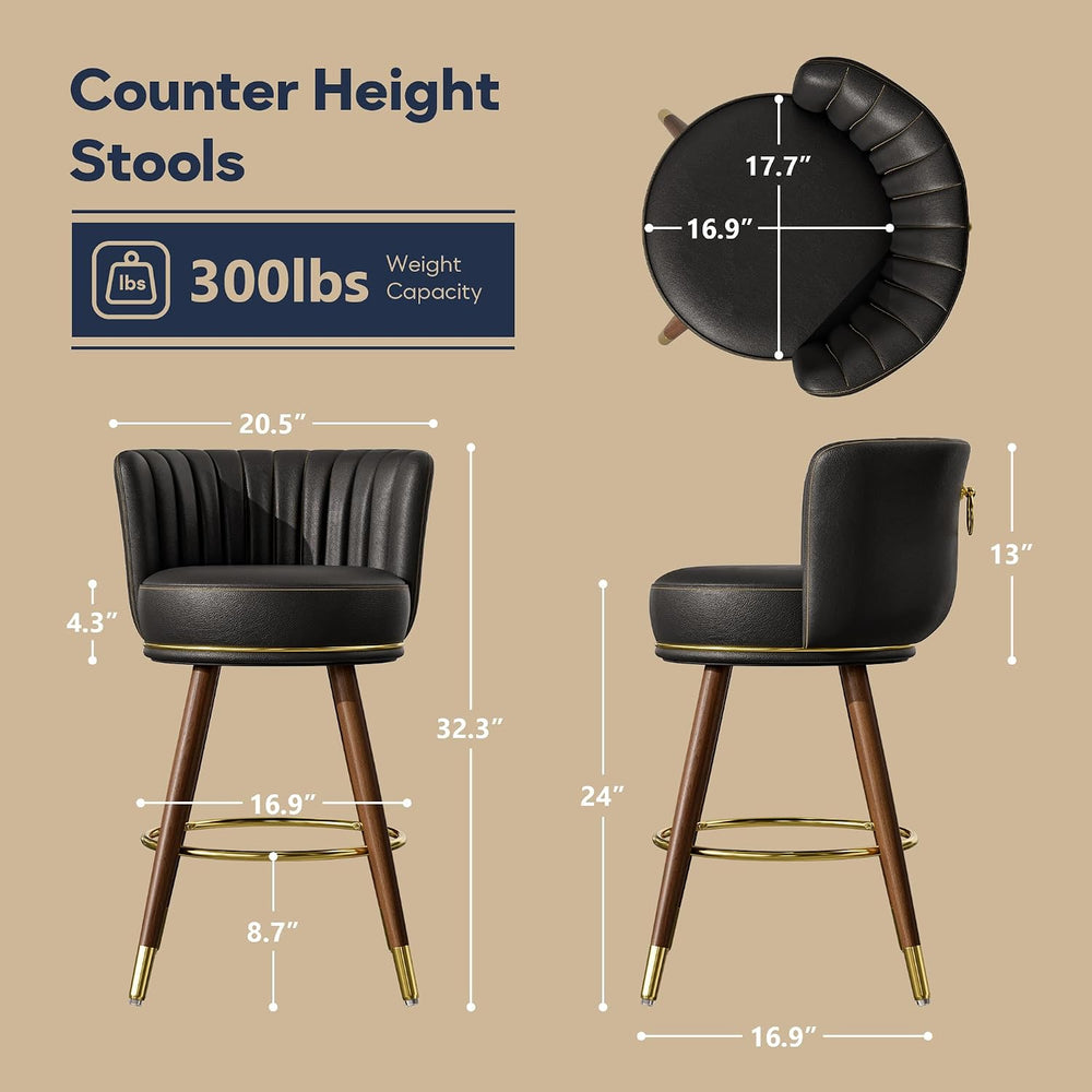 SeekFancy 24 Inch Black Leather Swivel Counter Bar Stools Set of 2