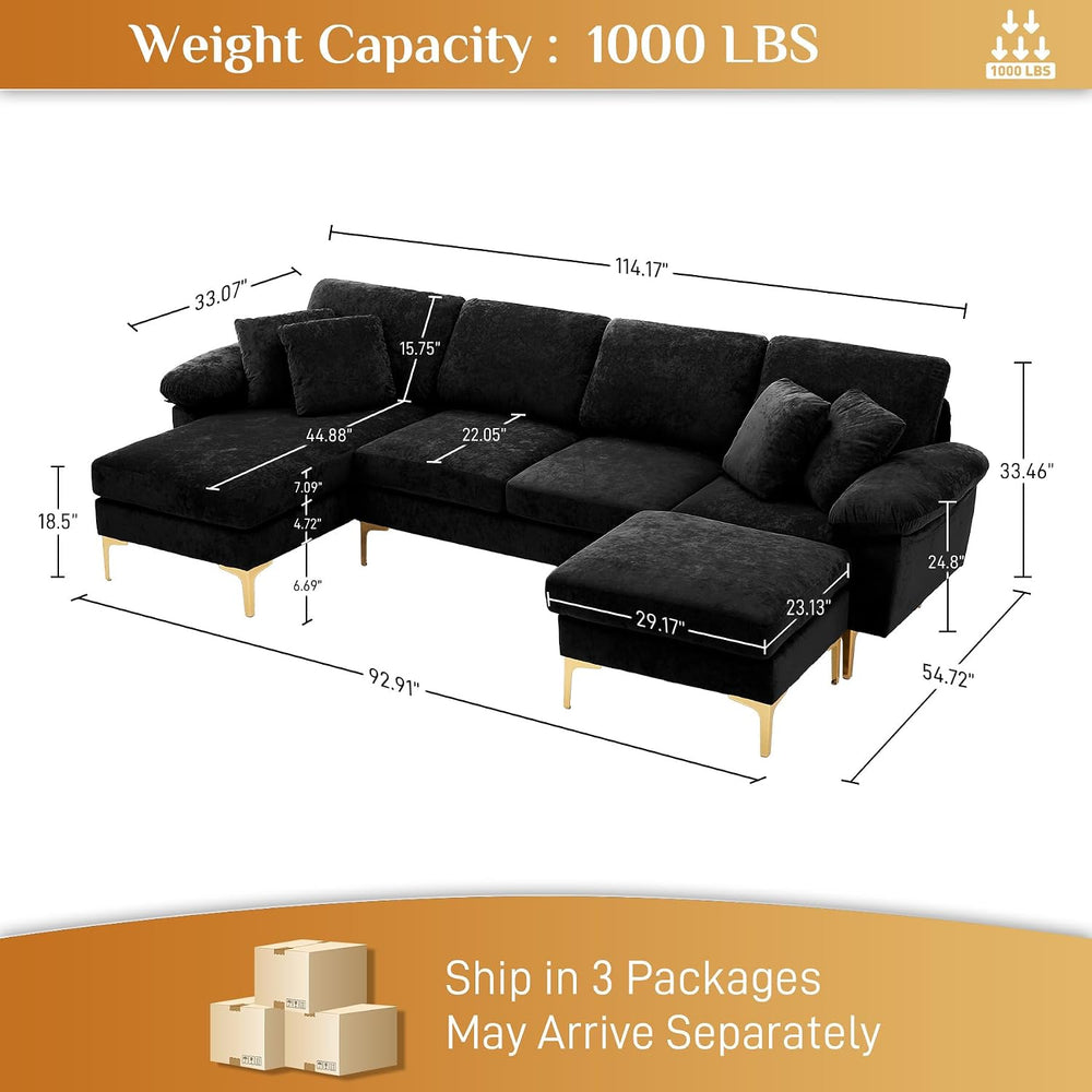 Wrofly 114" U-Shaped Velvet Sectional Couch with Ottoman, Black
