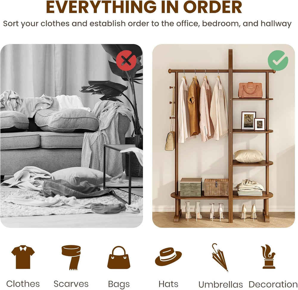 41.3" Wide 3-in-1 Freestanding Clothing Rack, Wooden Coat Rack with 4 Sh...