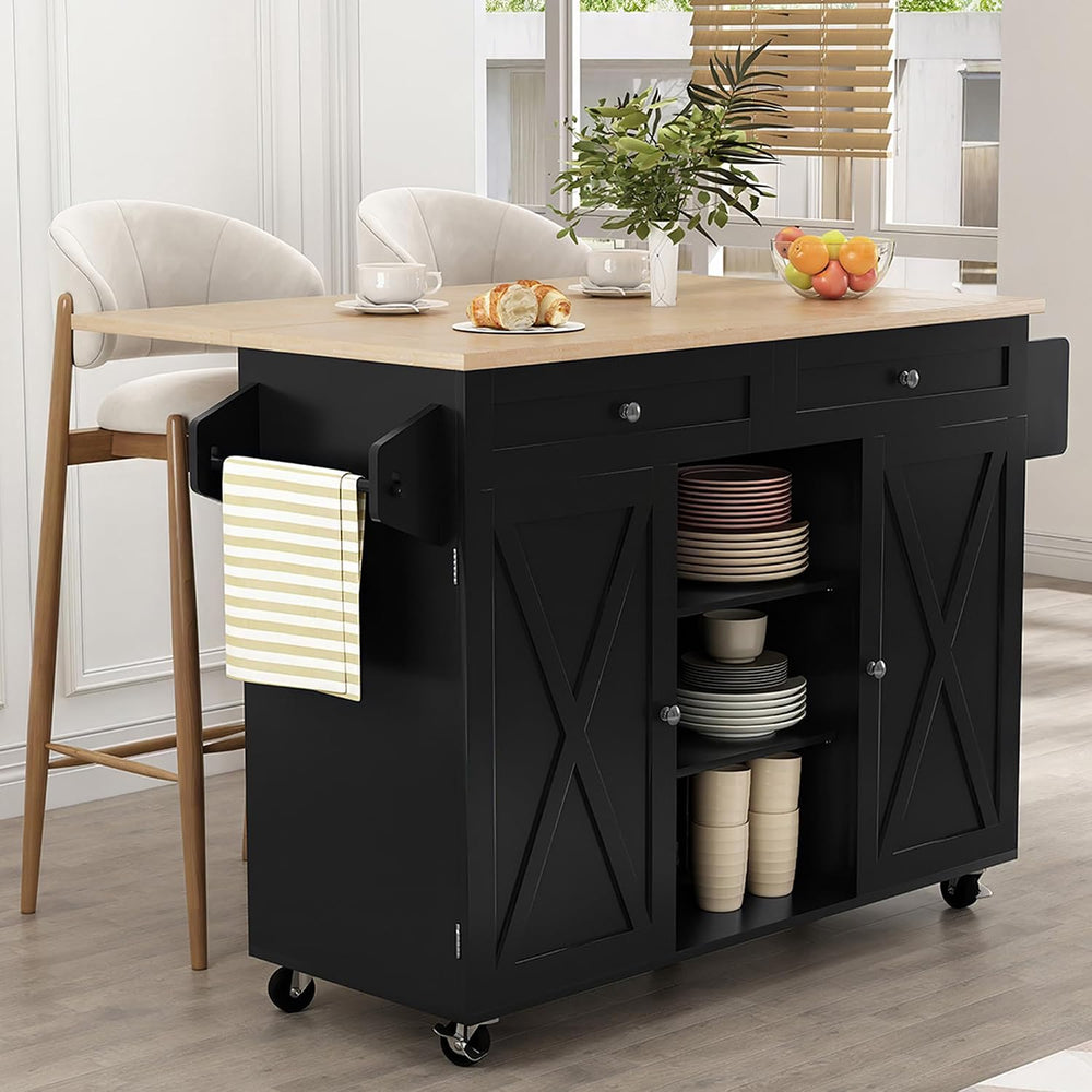 HLR Farmhouse Kitchen Island On Wheels, Black
