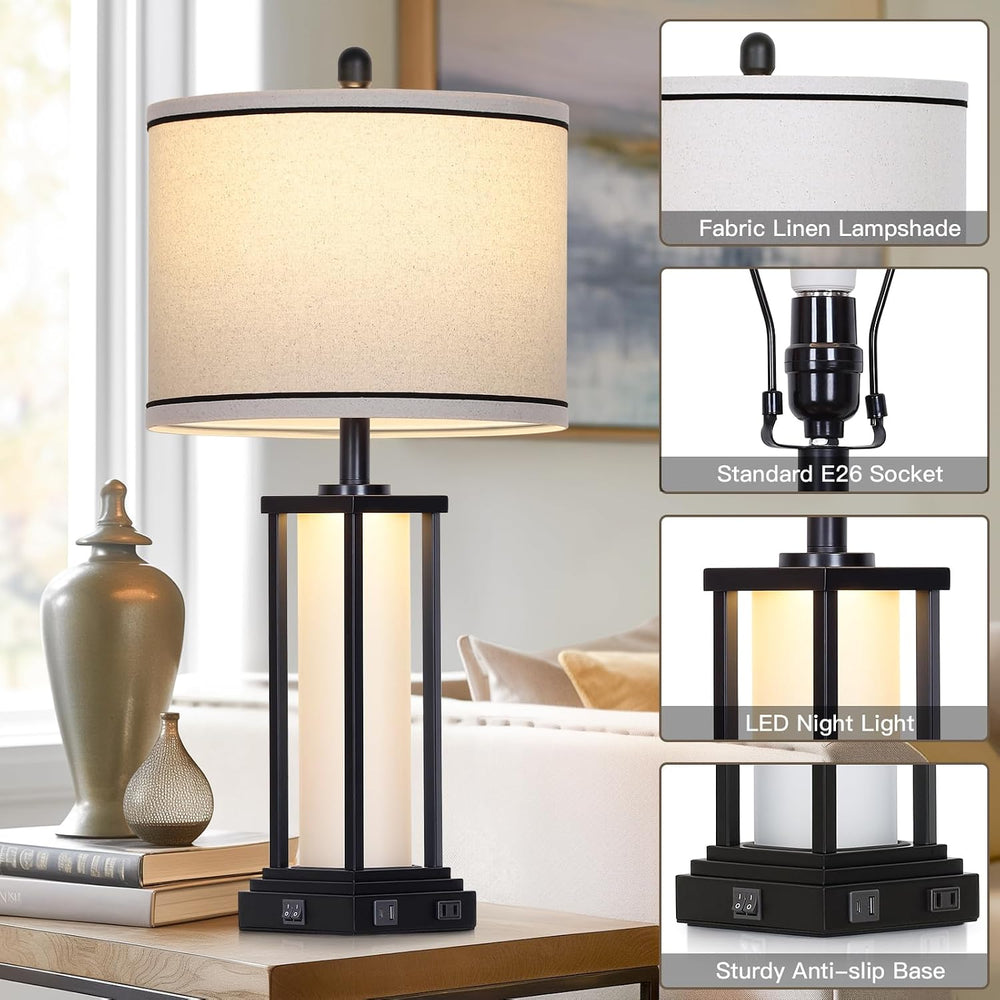 27" Tall Vintage Table Lamp Set of 2 with USB C+A & Outlet,Black Ind...