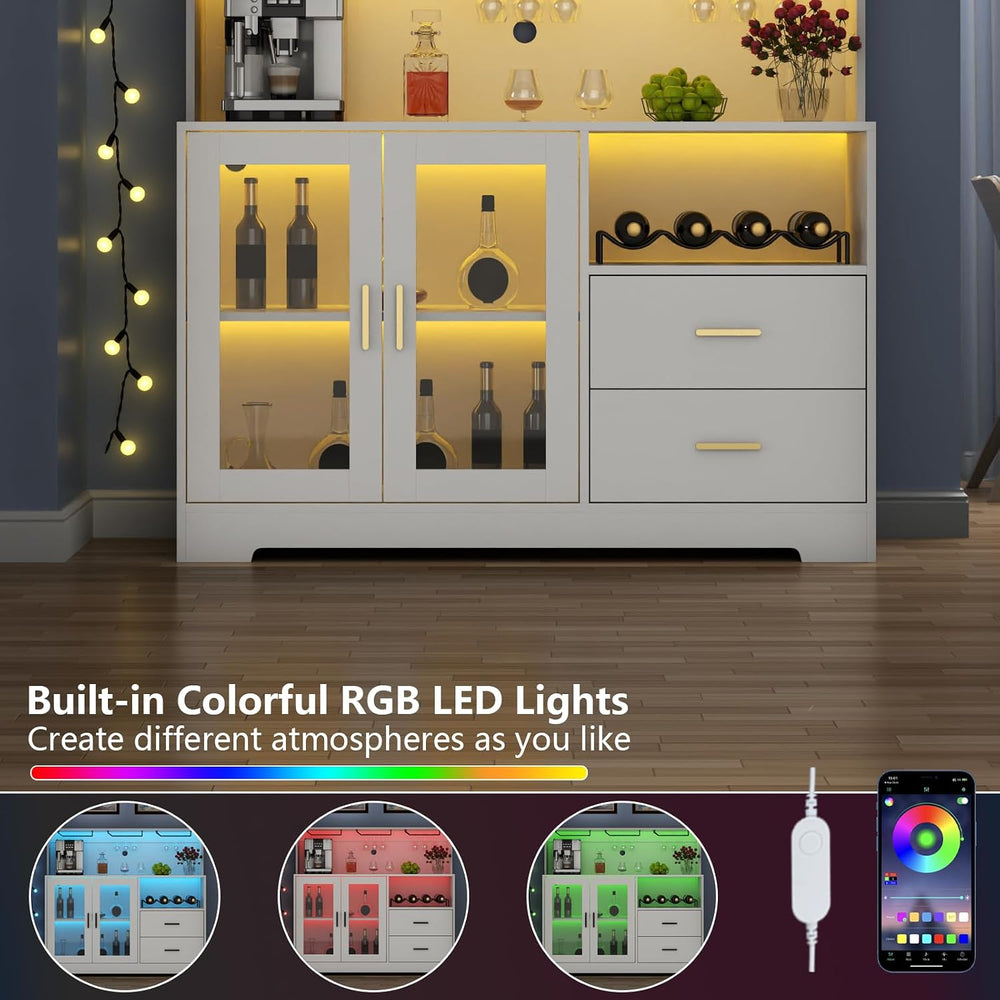 Bar Cabinet for Home with LED Light,Coffee Bar Cabinet w/ Wine & Glass Rack