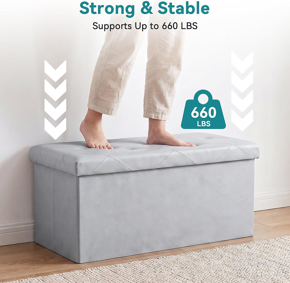 OLIXIS 30 Inch Foldable Storage Ottoman Bench, Leather Ottoman with Storage
