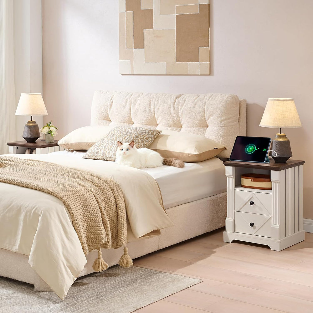 BuildHom 18" Farmhouse Nightstand Set of 2 with Charging Station, White