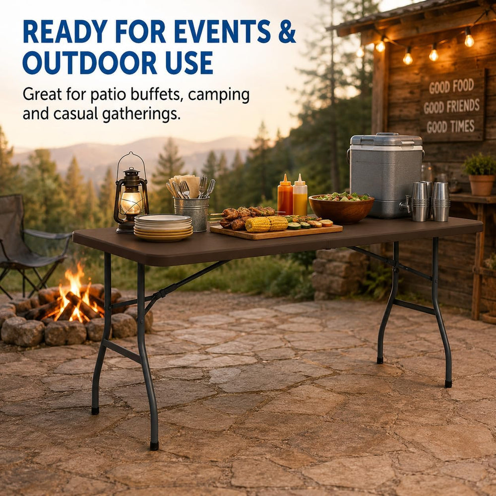 6 FT Folding Table, 500 lb Heavy Duty Plastic Table with Carrying Handle, Brown