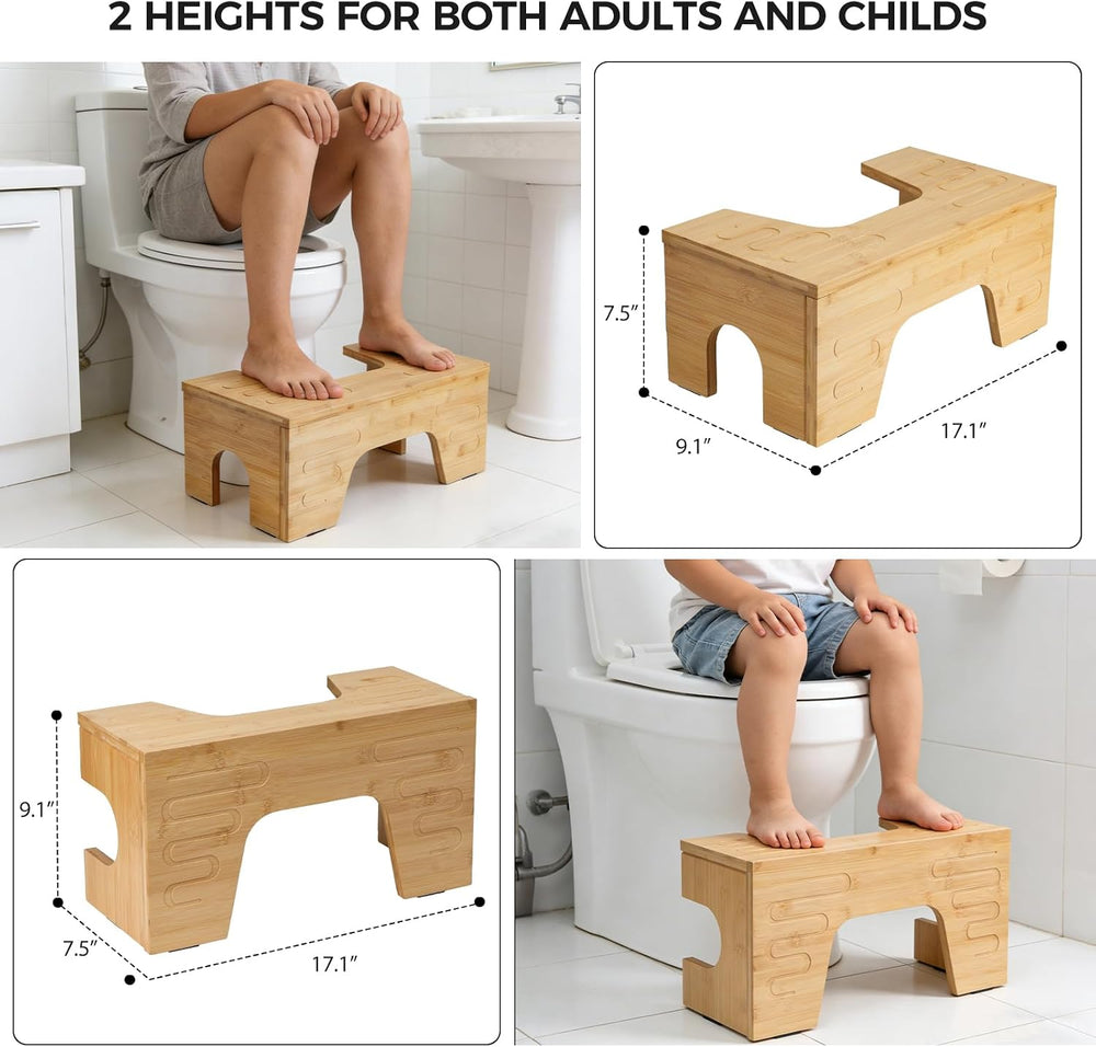 Bamboo Toilet Stool, Foldable Potty Stool, 7" and 9" Adjustable Hei...