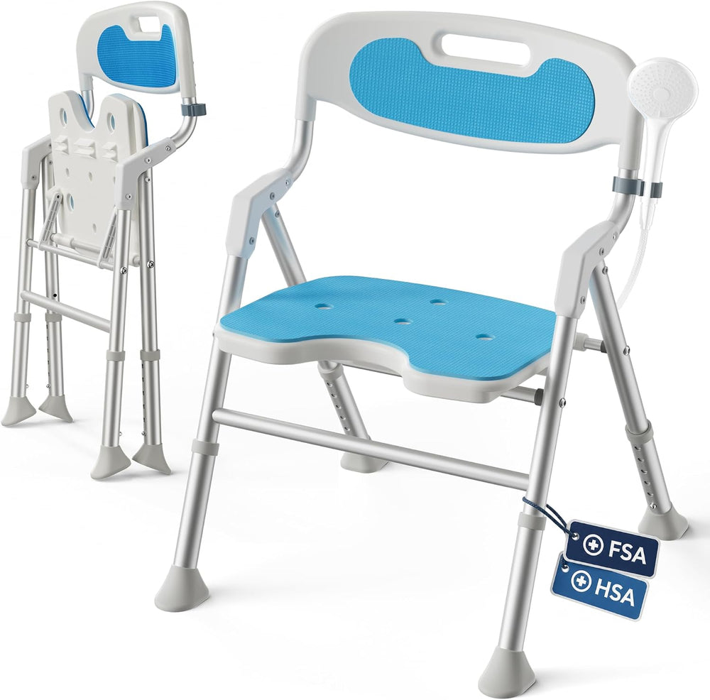 Folding Shower Chair for Inside Shower, Arms and Back, 400 lb, Blue