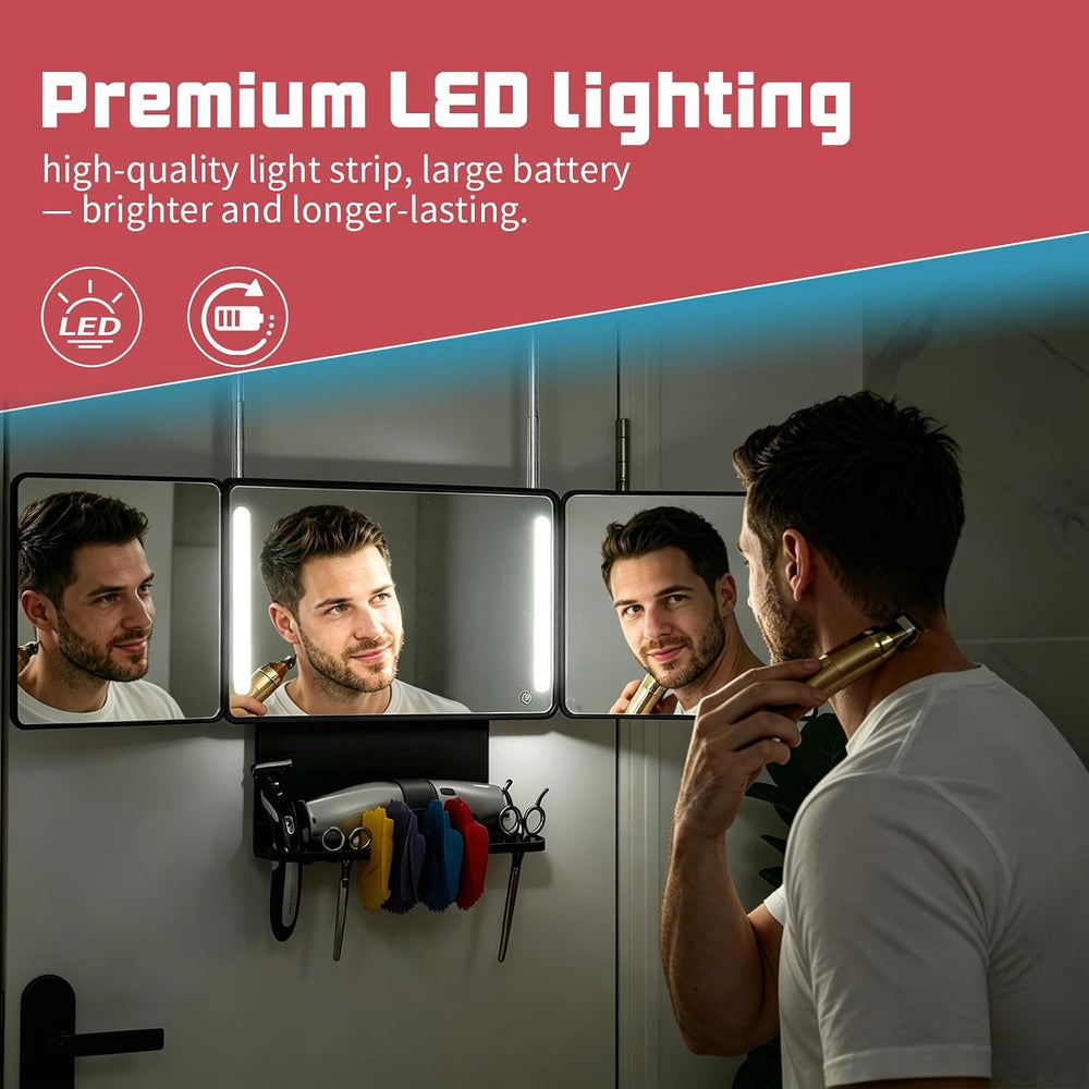 3 Way Mirror for Self Hair Cutting with Storage Shelf, LED Lights