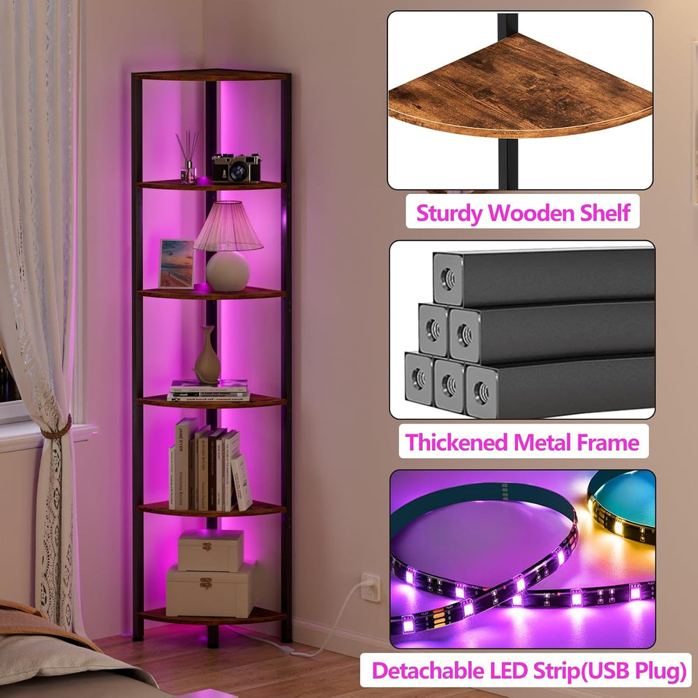 Furnulem 6 Tier Corner Shelf with LED Light, 67.5" Corner Narrow Bookshelf