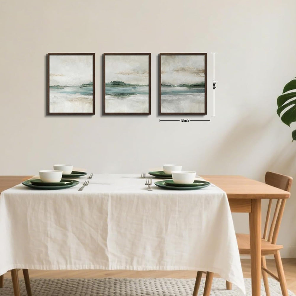 Abstract Wall Art Set of 3, Neutral Coastal Wall Decor, Blue Green Landscape ...