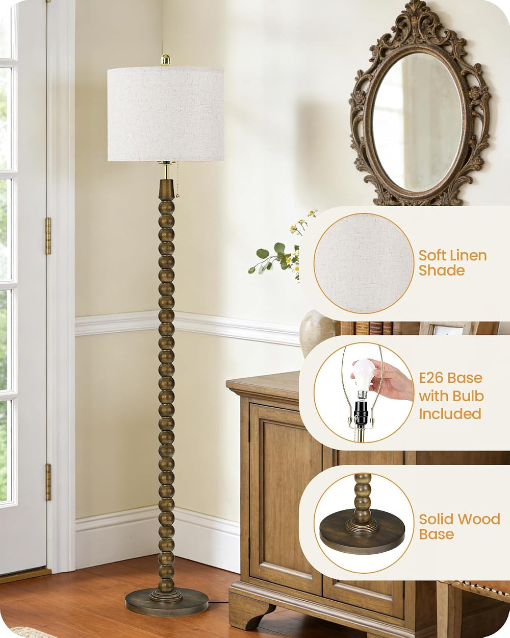 65" Solid Wood Beaded Floor Lamp with Pull Chain Switch, 3CCT, Walnut Green