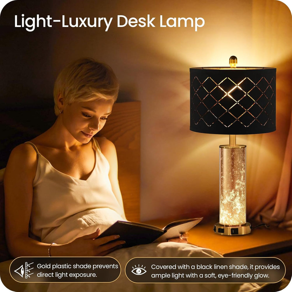 25.6" Black Table Lamps Set of 2, Tall Bedside Lamps with Nightlight, Mo...