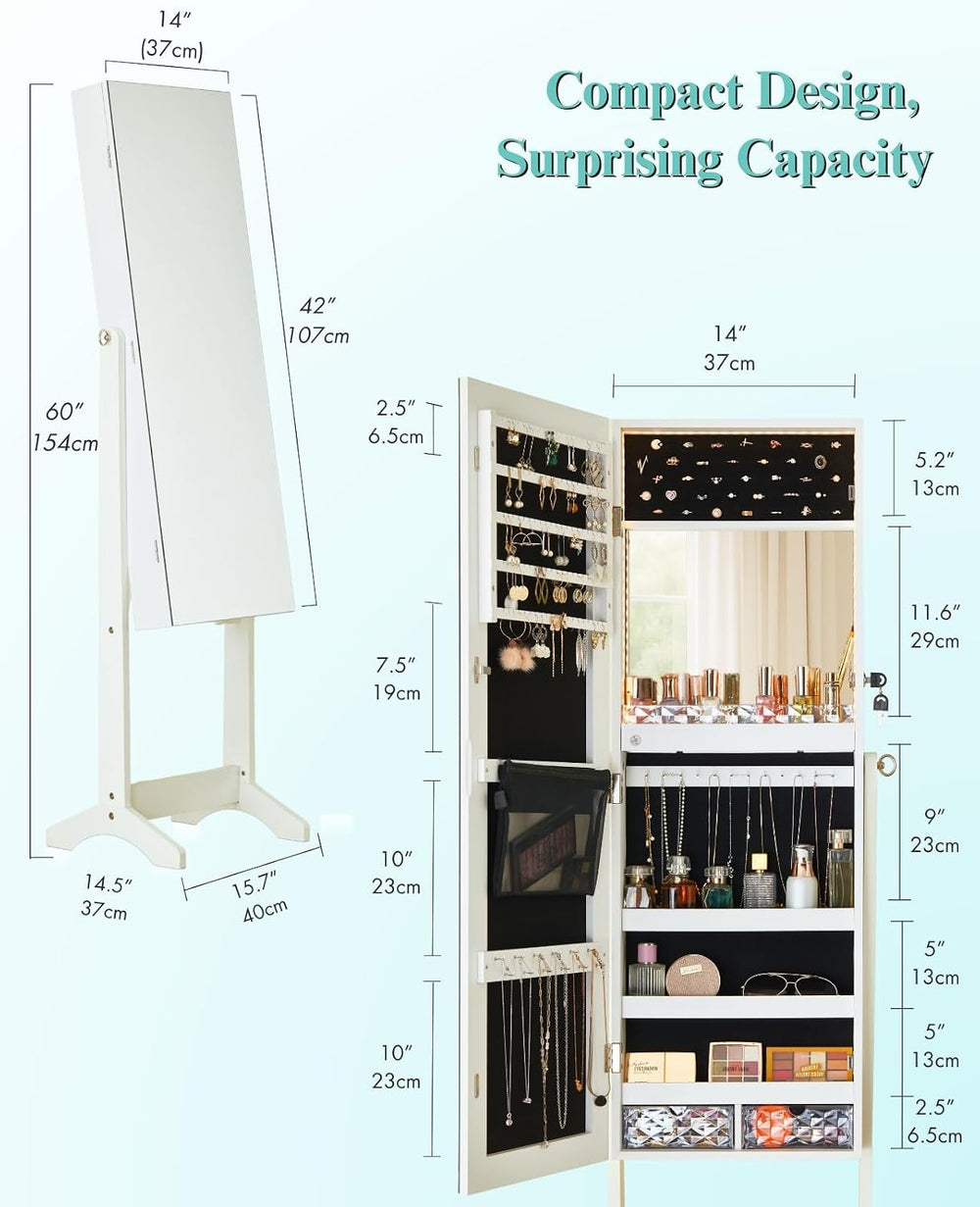 LUXFURNI Full‑Length Standing Jewelry Armoire, 60 in Mirror with Storage