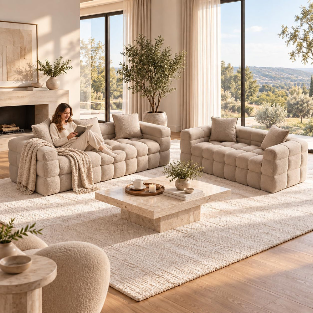 2 Pcs Modern Boneless Sofa for Living Room, Cloud Sectional,Light Brown