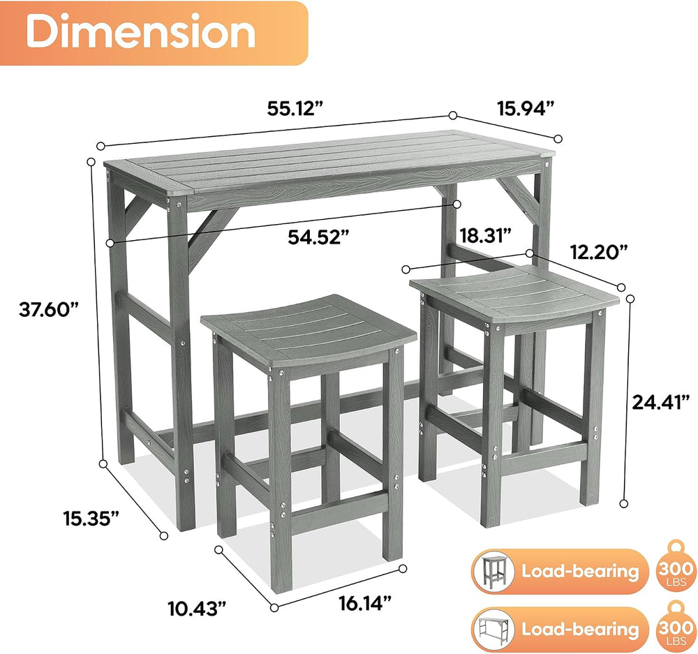 HIPS Outdoor Patio Bar Set, All Weather HIPS Bar Table and Chairs Set for Out...