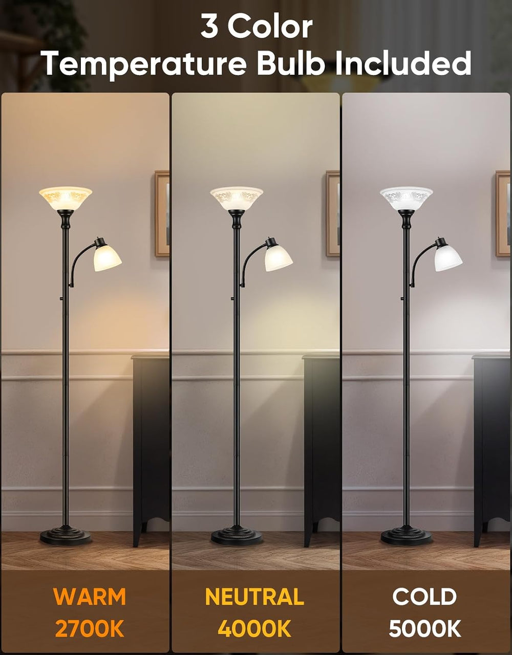 Torchiere Floor Lamp for Living Room with Reading Light, Thick Glass Shade