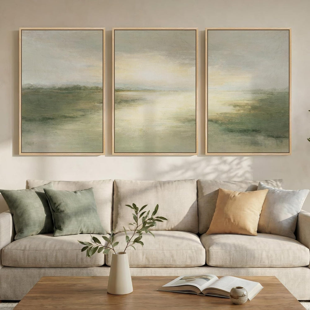 Large Framed Sage Green Abstract Landscape Wall Art for Living Room, 24x36