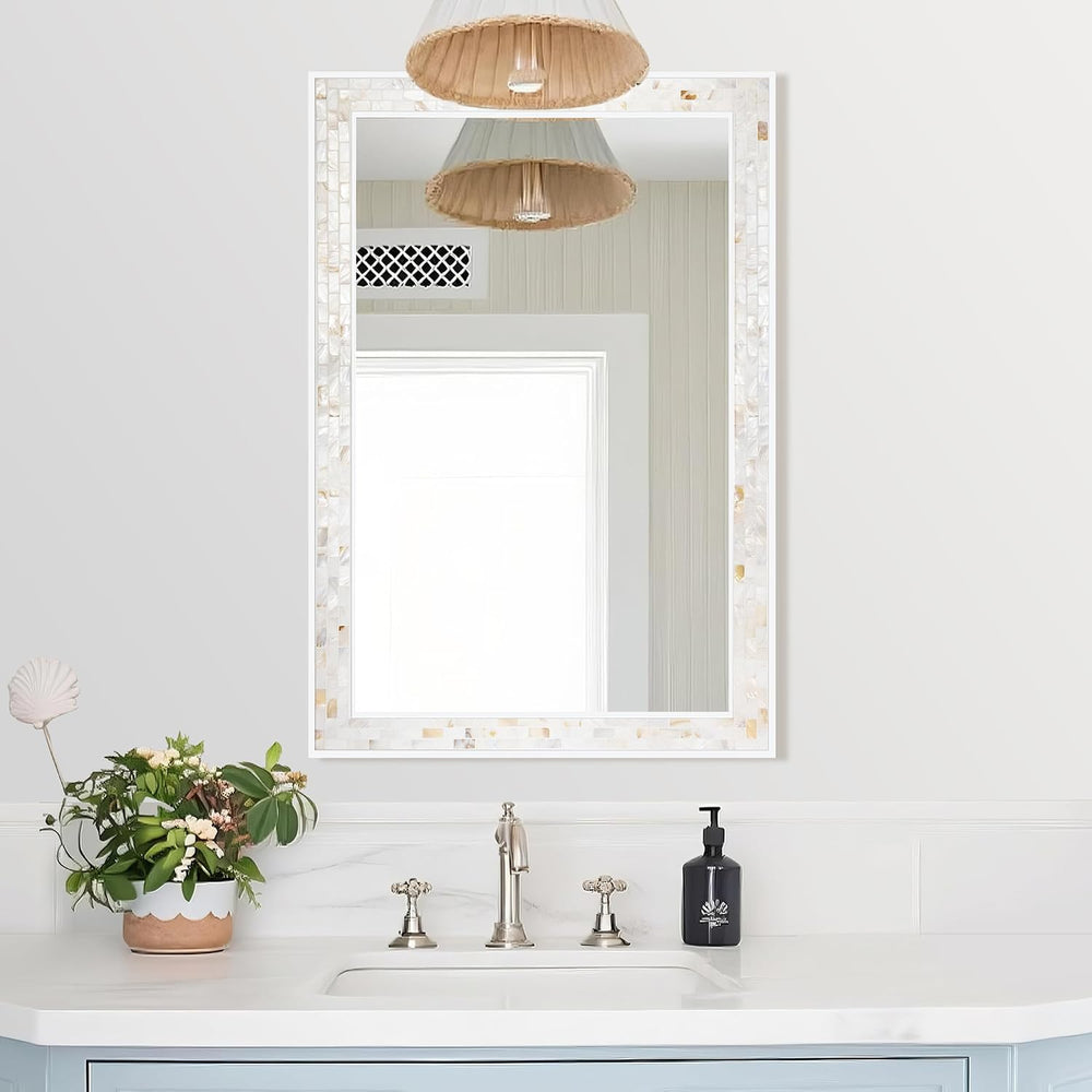Tanmicoshomy White 24 x 36 Inch Mosaic Bathroom Mirror for Wall