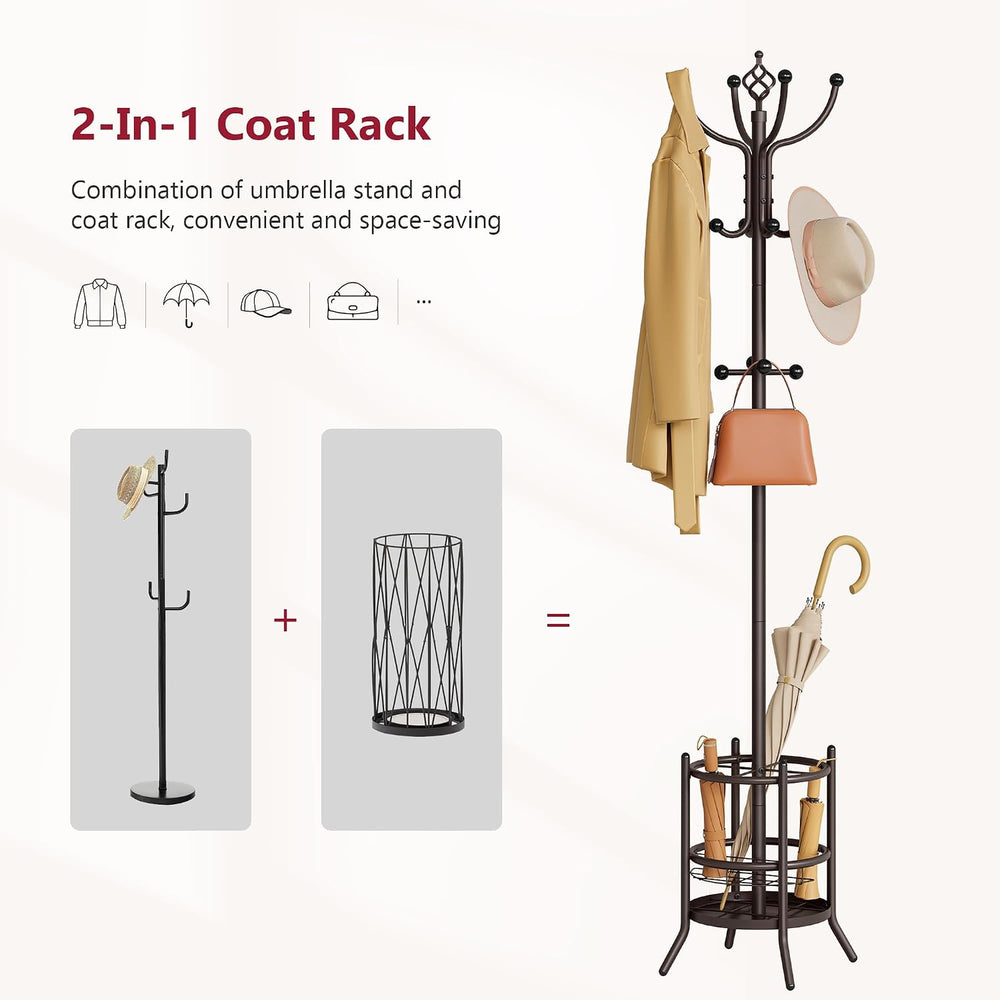Tajsoon Coat Rack with Umbrella Stand, Coat Tree With 16 Hooks, Brown