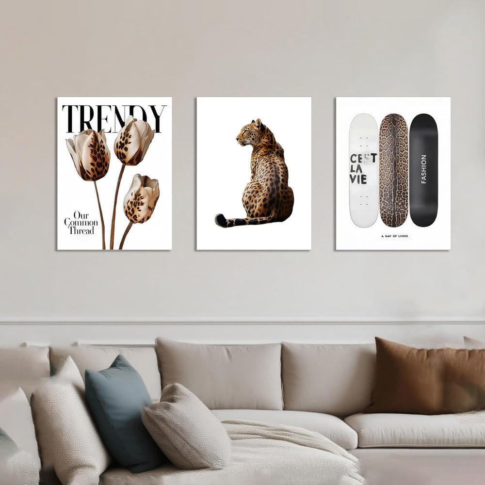 Trendy Leopard Canvas Wall Art Set of 3 Cheetah Printed Preppy Fashion Skateb...