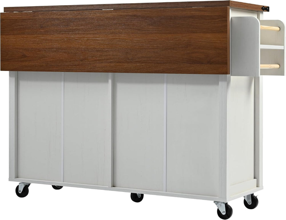 53 in Rolling Kitchen Island Cart with Storage & Power Outlet, Retro White