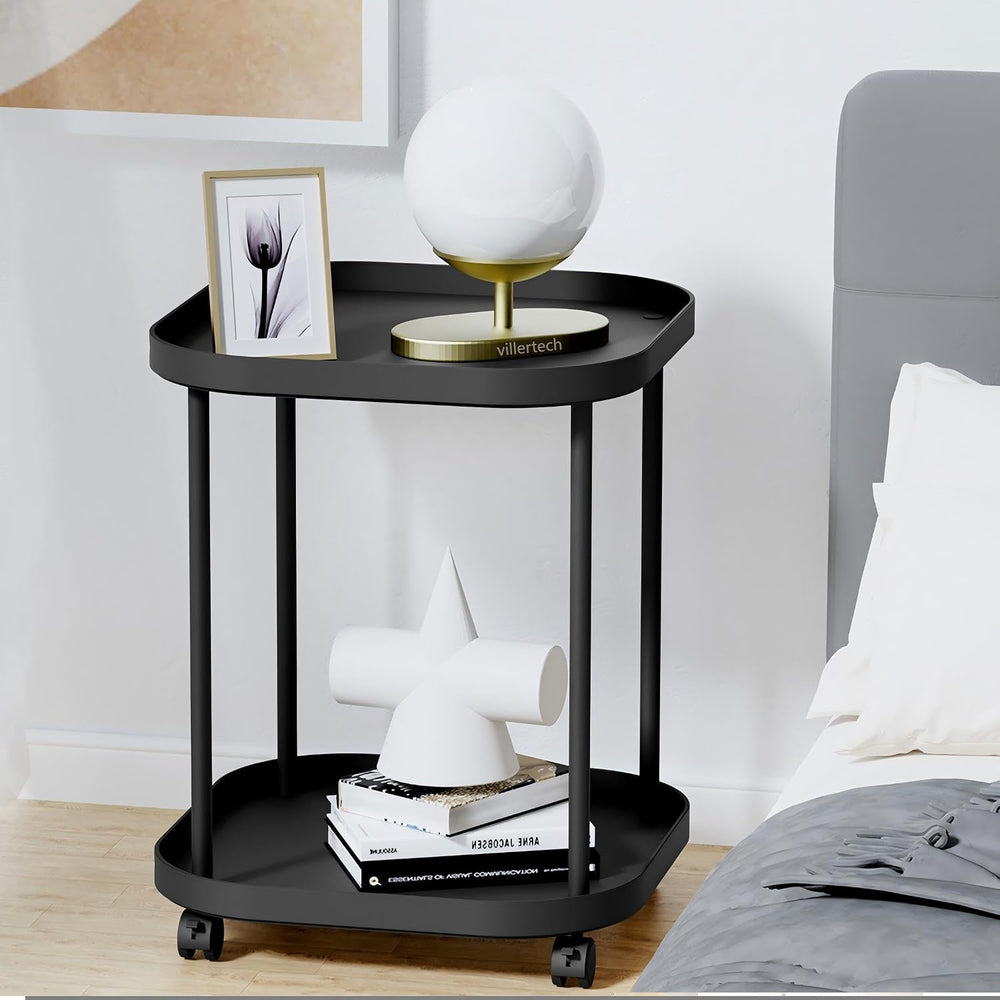 Side Table with Wheels, 2-Tier End Table Small Night Stand