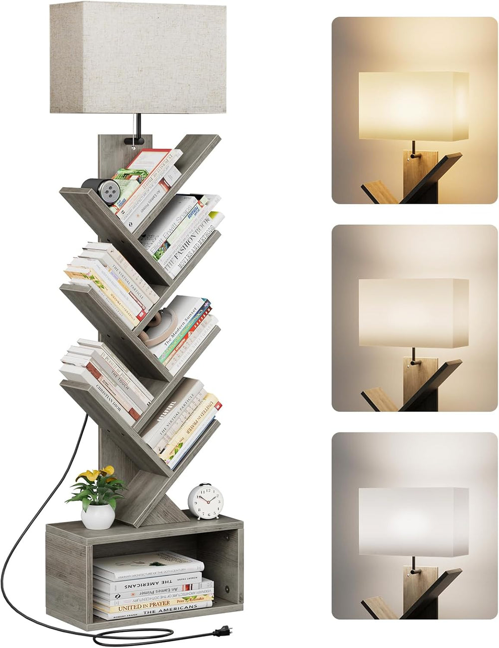 Evermagin 6 Tier Tree Bookshelf with Light, Bookcase, Gray